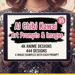 May include: A woman smiles, holding a tablet displaying "AI Chibi Kawai Art Prompts & Images." The tablet text includes "4K Anime Designs" and "444 Designs." Surrounding her are cartoon images of chibi characters and stars, with a colorful background.