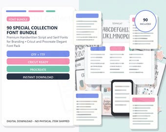 90 Special Collection Font Bundle, Premium Handwritten Script and Serif Fonts for Branding, Cricut and Procreate Elegant Font Pack