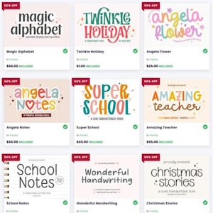 Pode incluir: Uma grade de nove designs de fontes coloridas, cada um com um estilo &uacute;nico. As fontes incluem "Magic Alphabet", "Twinkle Holiday", "Angela Flower", "Angela Notes", "Super School", "Amazing Teacher", "School Notes", "Wonderful Handwriting" e "Christmas Stories".