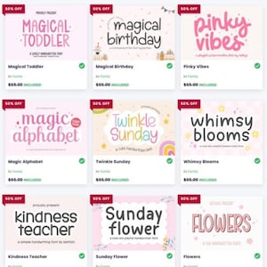 Pode incluir: Uma grade de nove listagens de produtos, cada uma com uma fonte diferente. As fontes t&ecirc;m nomes como "Magical Toddler", "Magical Birthday" e "Pinky Vibes". Cada listagem inclui o nome da fonte, uma descri&ccedil;&atilde;o e o pre&ccedil;o.
