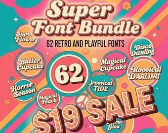 Pacote com 62 fontes super retrô e divertidas, fontes manuscritas estilosas para Cricut, Procreate, tipografia vintage dos anos 70, pacote de fontes para artesanato e logotipos.