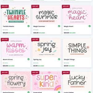 Pode incluir: Uma grade de nove gr&aacute;ficos com v&aacute;rios designs de fontes. Cada gr&aacute;fico inclui o nome da fonte, uma breve descri&ccedil;&atilde;o e um pre&ccedil;o. As fontes t&ecirc;m nomes l&uacute;dicos como "Twinkle Hearts", "Magic Summer" e "Spring Joy".
