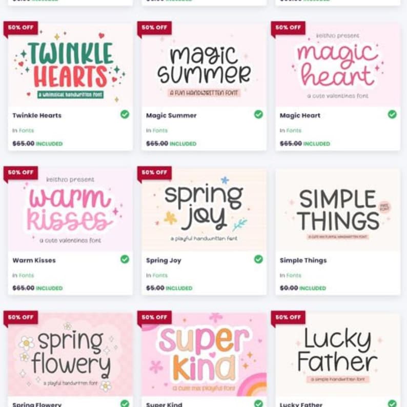 Pode incluir: Uma grade de nove gr&aacute;ficos com v&aacute;rios designs de fontes. Cada gr&aacute;fico inclui o nome da fonte, uma breve descri&ccedil;&atilde;o e um pre&ccedil;o. As fontes t&ecirc;m nomes l&uacute;dicos como "Twinkle Hearts", "Magic Summer" e "Spring Joy".