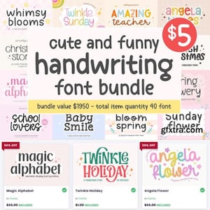 Może przedstawiać: Cyfrowa kolekcja czterdziestu odręcznych czcionek zatytułowana cute and funny handwriting font bundle. Wyświetlacz zawiera różne nazwy czcionek, takie jak whimsy blooms, twinkle sunday, amazing teacher, magic alphabet i twinkle holiday w kolorowych stylach.