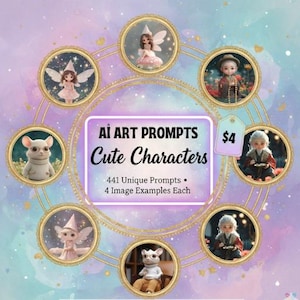 May include: An image featuring a collection of cute character illustrations in circular frames, with a central text box that reads "AI ART PROMPTS Cute Characters." The image includes the text "441 Unique Prompts • 4 Image Examples Each."