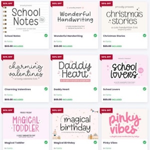 Pode incluir: Uma cole&ccedil;&atilde;o de nove fontes digitais com v&aacute;rios estilos manuscritos. Cada fonte tem um nome &uacute;nico, como "School Notes", "Christmas Stories" e "Pinky Vibes". As fontes s&atilde;o exibidas em um fundo branco com um esquema de cores rosa e branco.