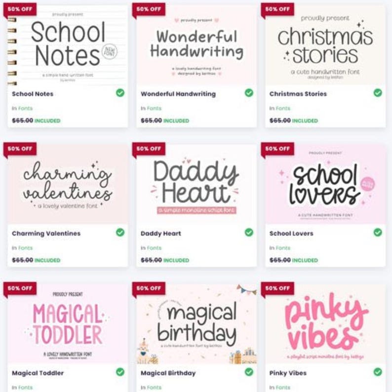 Pode incluir: Uma cole&ccedil;&atilde;o de nove fontes digitais com v&aacute;rios estilos manuscritos. Cada fonte tem um nome &uacute;nico, como "School Notes", "Christmas Stories" e "Pinky Vibes". As fontes s&atilde;o exibidas em um fundo branco com um esquema de cores rosa e branco.