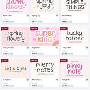 Pode incluir: Uma grade de nove designs de fontes digitais com v&aacute;rios estilos e cores. Cada fonte &eacute; exibida com seu nome, como "Warm Kisses" e "Spring Joy", e uma breve descri&ccedil;&atilde;o. As fontes est&atilde;o em um fundo branco.