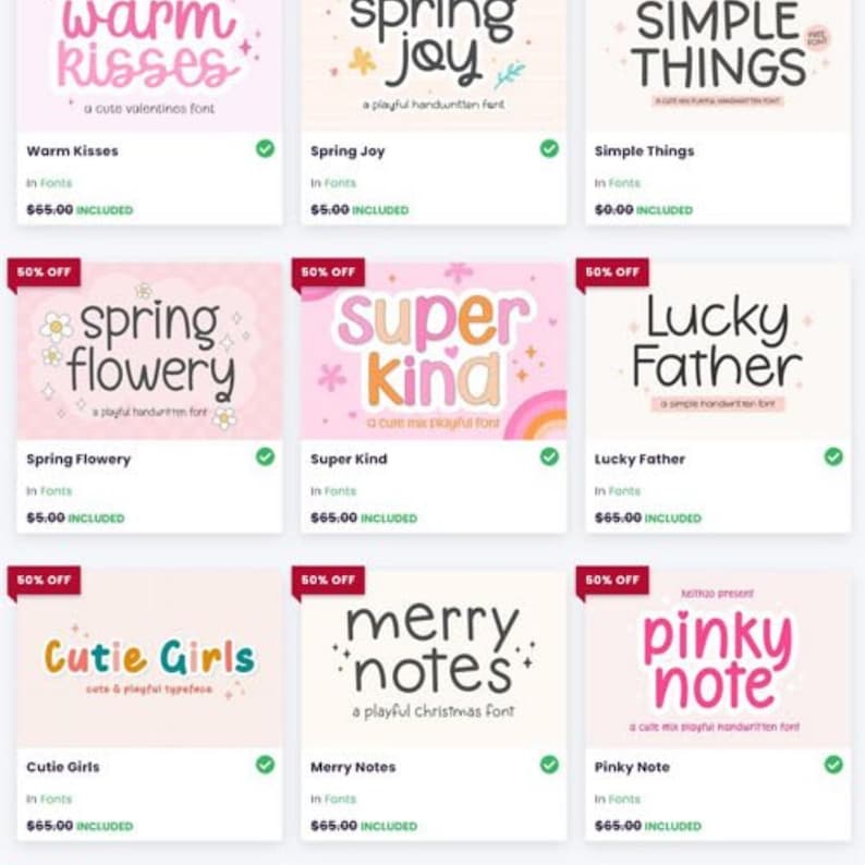 Pode incluir: Uma grade de nove designs de fontes digitais com v&aacute;rios estilos e cores. Cada fonte &eacute; exibida com seu nome, como "Warm Kisses" e "Spring Joy", e uma breve descri&ccedil;&atilde;o. As fontes est&atilde;o em um fundo branco.