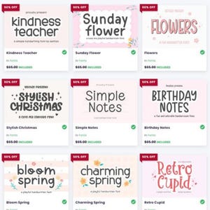 Pode incluir: Uma grade de nove cart&otilde;es de produtos, cada um com um estilo de fonte diferente. As fontes incluem "Kindness Teacher", "Sunday Flower", "Flowers", "Stylish Christmas", "Simple Notes", "Birthday Notes", "Bloom Spring", "Charming Spring" e "Retro Cupid".