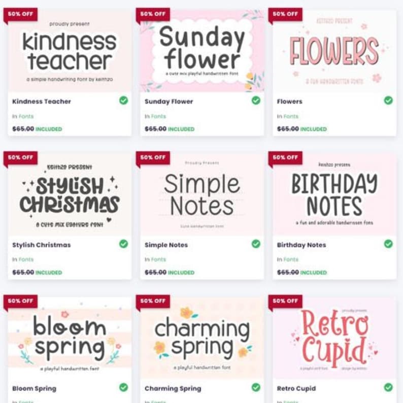 Pode incluir: Uma grade de nove cart&otilde;es de produtos, cada um com um estilo de fonte diferente. As fontes incluem "Kindness Teacher", "Sunday Flower", "Flowers", "Stylish Christmas", "Simple Notes", "Birthday Notes", "Bloom Spring", "Charming Spring" e "Retro Cupid".