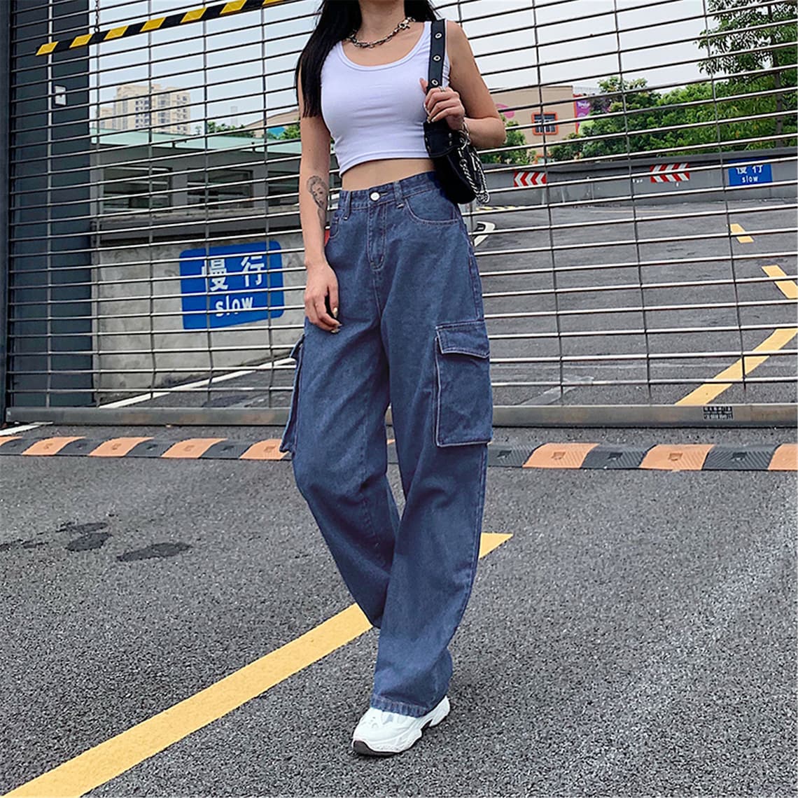 Streetwear Harajuku Women's Baggy Jeans Big Pockets High | Etsy