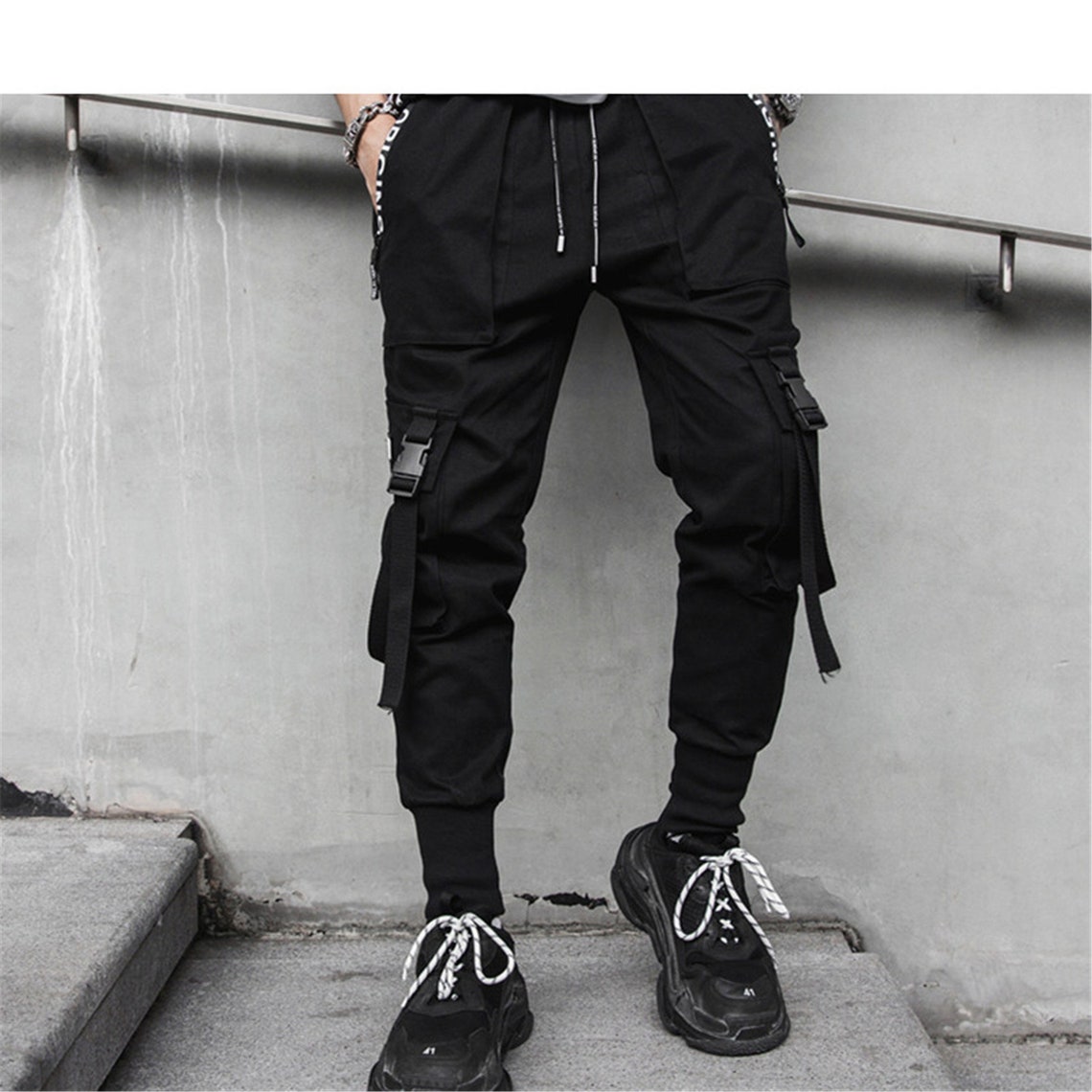 Ribbon Streetwear Cargo Pants Men Hip Hop Joggers Pants Black | Etsy