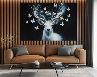 Pintura de veado branco, arte da vida selvagem, arte animal caprichosa, impressão em tela de veado