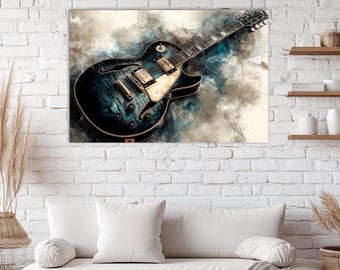 May include: A rectangular wall art print featuring a watercolor-style illustration of an electric guitar. The guitar has a deep blue and black finish with visible wood grain, gold hardware, and two pickups, set against a smoky, abstract background.