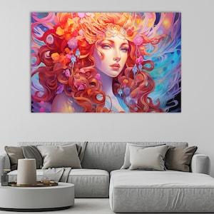 Puede incluir: Una pintura digital de una mujer con el pelo largo y rojo que fluye adornado con flores. Sus ojos son azules y lleva una corona de flores. El fondo es de un suave azul y morado.