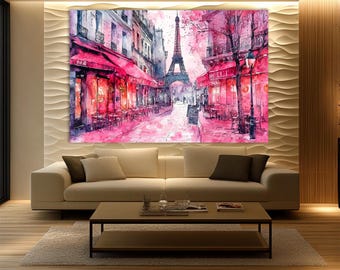 Lienzo de París, lámina de acuarela de la Torre Eiffel rosa, arte mural de café francés, decoración romántica de viajes para el hogar y la oficina.