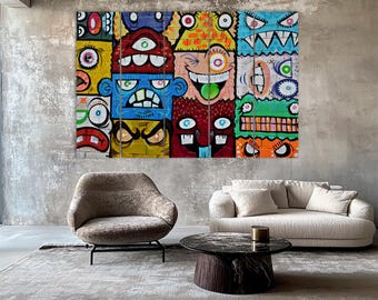 大胆なストリートアートキャンバス絵画、グラフィティスタイルのポップ