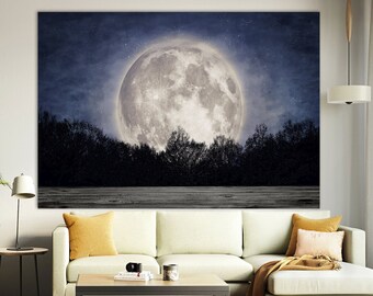 Impression sur toile Lune : oeuvre d'art murale de la chambre, cadre en pin