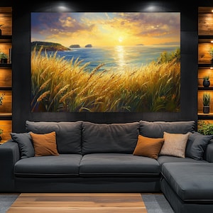 Landscape Art,Golden Wheat Field Canvas Print,Sunset Painting,Home Decor