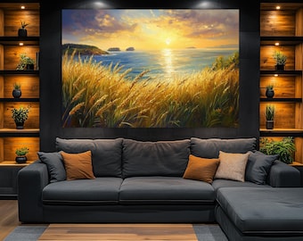 Landscape Art,Golden Wheat Field Canvas Print,Sunset Painting,Home Decor