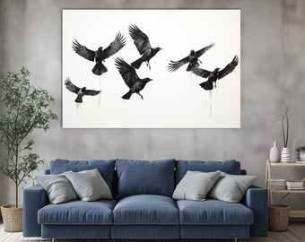 Crow Canvas Art: Flying Birds Painting, Modern Wall Decor