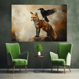 以下が含まれることがあります： キツネとカラスが描かれた大きなキャンバスプリント。オレンジと白の毛皮を持つキツネが岩の上に立ち、黒いカラスが背中に止まっています。背景は暖かく、アースカラーです。
