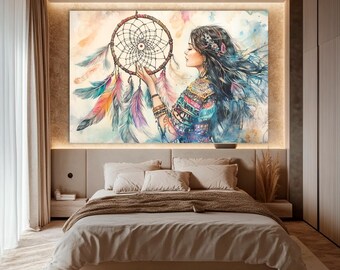 Boho girl with dreamcatcher, watercolor wall art, hippie decor, colorful feathers spiritual poster