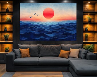 Ocean Waves Sunset Canvas Painting: Abstract Seascape Art