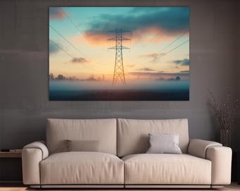 Misty Sunset Power Lines Art: Electric Tower Canvas Print