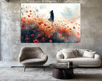 Mohnblumenfeld-Druck, Landschaftsmalerei, rote Blumen, Hauswanddekor