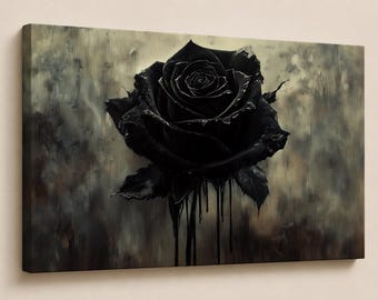 May include: A rectangular canvas wall art print featuring a single large black rose centred against a muted, textured background. The rose petals appear to be dripping with black liquid, creating vertical streaks that extend downwards from the flower.