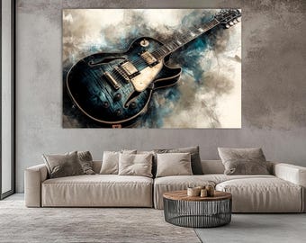 May include: A large canvas print of a blue and black electric guitar with gold hardware. The guitar is set against a watercolor-style background with blue, white, and brown hues. The artwork is displayed above a beige sofa.