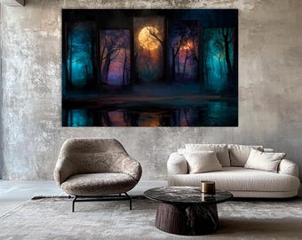 Celestial Wall Decor, Luminous Moon Art, Forest Night Scene Print