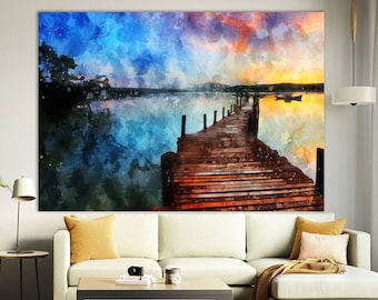 Pier Canvas Print: Watercolor Lake Painting, Bedroom Wall Decor