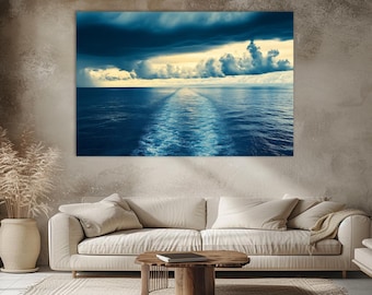 Canvasprint met oceaanmotief, stormachtig diepblauw zeegezicht, kustdecoratie voor thuis