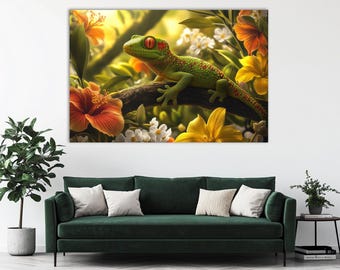 Gecko Wall Art,Tropical Lizard Print,Jungle Artwork,Large Canvas Print,Living Room Decor