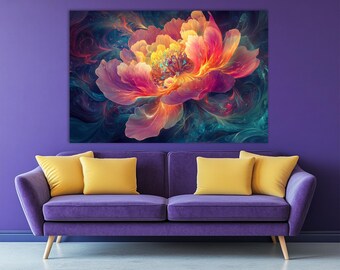 Muurkunst bloeien, print gloeiende pioen, bloemencanvas, woonkamerdecoratie