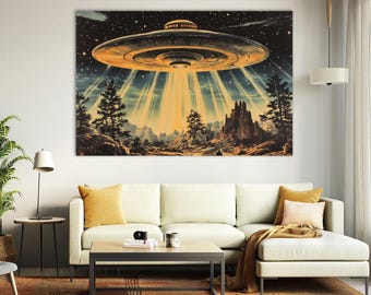 Retro UFO Canvas Print, Cosmic Horror Alien Wall Art, Space Sci-Fi Decor