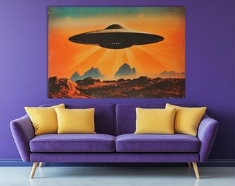 UFO Canvas Print, Retro Alien Wall Art