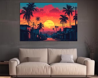 Schilderij tropische zonsondergang, kunstwerk palmbomen, Miami Street-canvas, kunst aan de muur zonsondergang