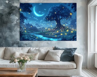May include: A digital painting of a magical forest scene with a large tree in the center. The tree has a glowing blue crescent moon in its branches. The forest is filled with glowing yellow butterflies and a stream of water flows through the center of the scene.
