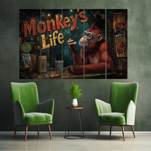 Arte de pared de pub, impresión en lienzo de mono, lienzo caprichoso, decoración de pared de cueva para hombres, regalo para amantes de los monos