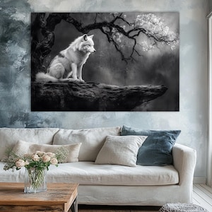 Mystical Wolf Canvas Print: Black and White Wolf Art, Man Cave Decor