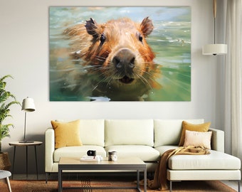 Impressão em tela de capivara: presente de tratador de zoológico, arte de parede com borda espelhada