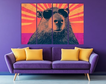 Capybara in sunglasses retro pop art, poster vintage style, bright sunset, funny wall print
