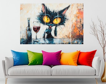 Whimsical Black Cat Wine Art: Funny Kitchen & Bar Canvas Print