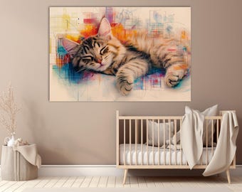 Whimsical Sleeping Cat Canvas Print, Nursery Wall Art