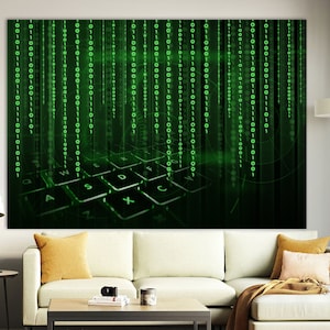 May include: A digital art print featuring a green and black keyboard with a background of green binary code. The keyboard keys are illuminated with a green glow.