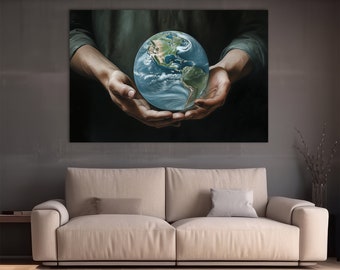 Le monde entre vos mains, un dessin au trait paisible dessinant la paix mondiale et la perspective de la responsabilité de la terre sur toile